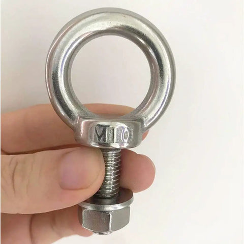 Hand holding Shoulder Eye Bolt M10 304 Stainless Steel Heavy Duty Eye Bolts with Washer and Nuts for Indoor Outdoor Use.