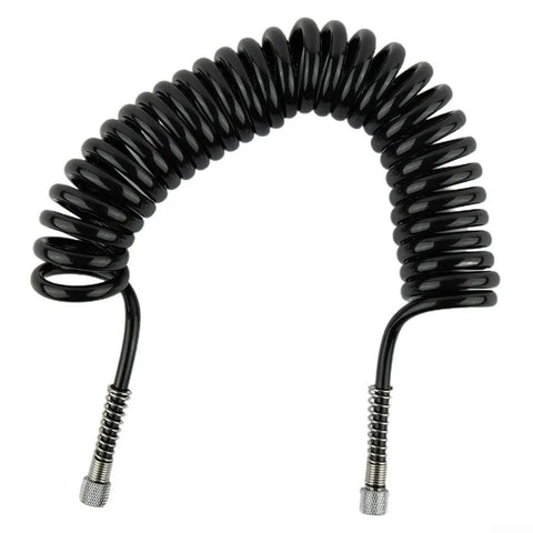 Heavy Duty 3 Meter PU Coiled Airbrush Hose With Secure One Inch Couplers For Car Detailing Spray Painting And Art Projects Featuring Kink Free Flexible Tube That Stays Tidy On The Job Site Every Time black coiled hose with metal couplers