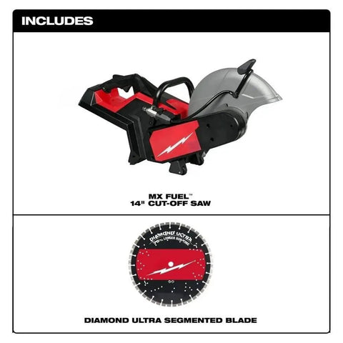 Heavy Duty 14 Inch Cordless Power Cut Off Saw Built Like A Tank For Knocking Out Clean Slots In Concrete And Steel Rebar With Instant Kickback Guard and Push Button Activation, showing blade and design.