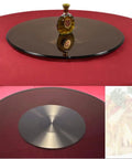 Round 360 Degree Rotating Turntable Heavy Duty Tempered Glass Lazy Susan on red table with bottle, 28 to 39 inches 70 to 100 cm