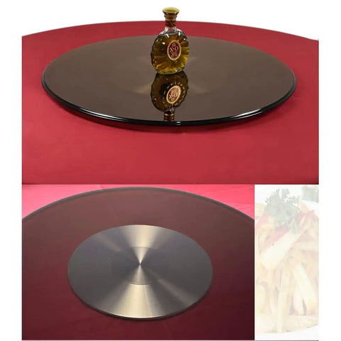 Round 360 Degree Rotating Turntable Heavy Duty Tempered Glass Lazy Susan on red table with bottle, 28 to 39 inches 70 to 100 cm