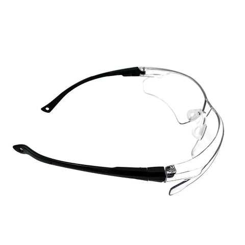 Hella Durable Wraparound Safety Glasses With Anti Fog Scratch Proof Polycarbonate Lenses For Yard Work Lawn Mowing Shooting And Outdoor Adventures side view with black frame and clear lenses.