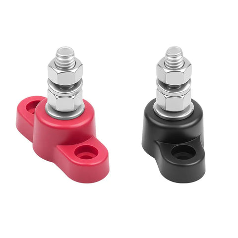 Beefy Heavy Duty Car Battery Junction Posts Block For 12V Systems, Single Stud Power Distribution Block, Insulated Auto Terminals, Rugged Three Eighths Inch Posts For SUV RV Truck, Durable Stainless Steel And Copper Construction, red and black