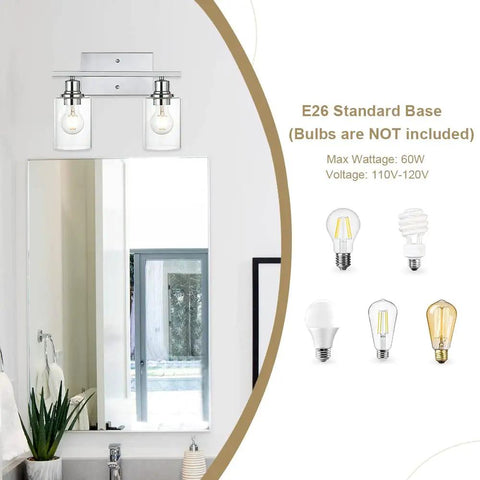 Chrome Finish 2 Light Industrial Indoor Wall Sconce For Bathroom Vanity With Clear Glass Shade Over Mirror Slick Metal Fixture Bulb Not Included Easy Install