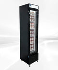 Commercial Upright Showcase Freezer 6.5 Cu Ft Single Glass Door Digital Temp Control with LED light, showcasing frozen items.