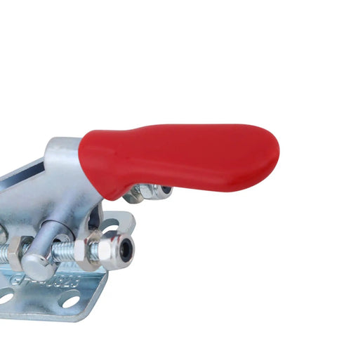 Close-up of a Heavy Duty Toggle Clamps Set Four Latch Type Metal Clamps with 360 lbs holding capacity, red handle visible.