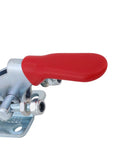 Heavy Duty Toggle Clamp Set With Ergonomic Grip For Metal Assembly And Welding Workholding Featuring 360 Lbs Holding Power close-up on red handle and metal base design.