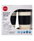 Top Tier Reusable Double Wall Insulated Travel Mug In White And Black Keeps Your Drinks Steaming Or Chilled With A Secure Flip Top Lid Built For No Spill Commuting And Weekend Warrior Sippin packaging showing two 16oz mugs with flip-top lids.