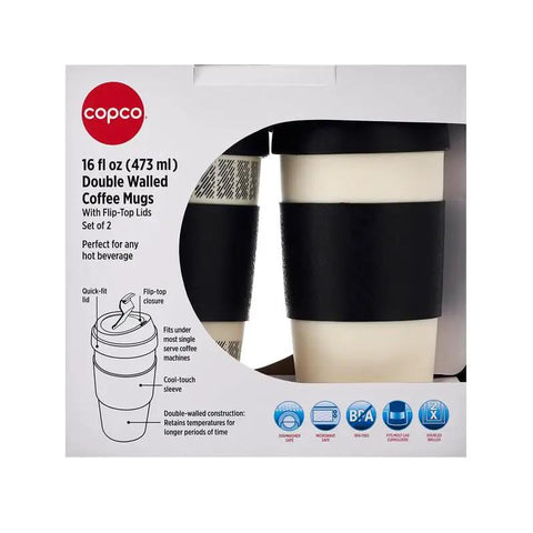 Top Tier Reusable Double Wall Insulated Travel Mug In White And Black Keeps Your Drinks Steaming Or Chilled With A Secure Flip Top Lid Built For No Spill Commuting And Weekend Warrior Sippin packaging showing two 16oz mugs with flip-top lids.