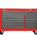 Heavy Duty Industrial Rolling Workbench Featuring Twelve Deep Drawers And Badass Black Steel Tool Station For Garages And Workshops To Upgrade Your Shop Game, red and grey tool cabinet with castors.