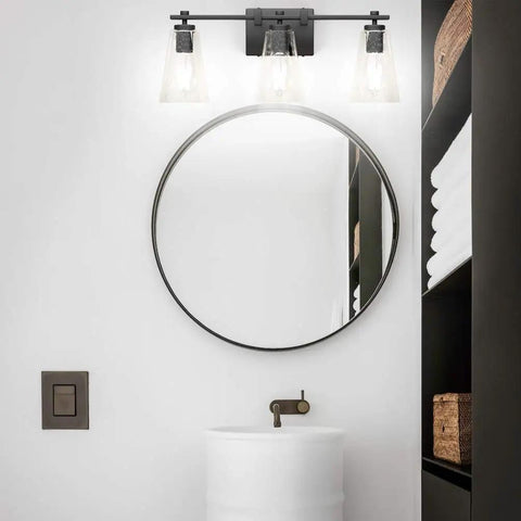 Vintage Industrial 3 Light Vanity Sconce In Black With Bubble Glass Shades, Durable Wrought Iron Wall Light for Bathroom