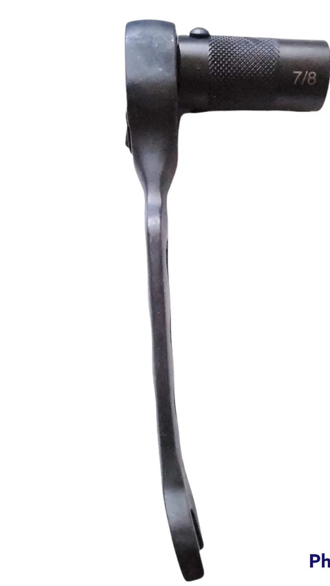 Side view of Heavy Duty Scaffold Ratchet Wrench Set With 7/8 Open End And 7/8 Socket Plus 1/2 Drive, ergonomic grip, knurled socket.