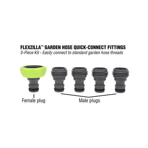Garden Hose Quick Connect Fittings 5 Piece Plug Kit For Easy Attachments With Three Quarter Inch GHT Includes Four Male Plugs And One Female Plug Works With Flow Stop Couplers And Hose Adapters displayed in a row.