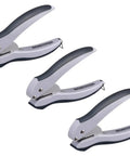 EZ Squeeze One-Hole Paper Punch Pack of 3, 10 Sheet Capacity, Gray and Blue Finish, ergonomic grip, side view