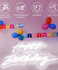 Happy Birthday Neon Light Sign White LED 25.6x16 Inches with Dimmable Switch for party decor with colorful balloons and banner