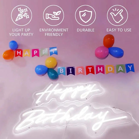 Happy Birthday Neon Light Sign White LED 25.6x16 Inches with Dimmable Switch for party decor with colorful balloons and banner