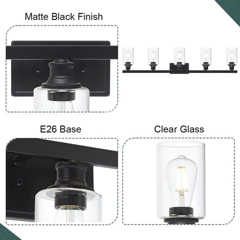 Farmhouse Style 5-Lights Vanity Sconce Set with clear glass shades and black metal backplate featuring E26 base, close-up view.