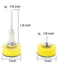 Side view of 2 mandrels and hook and loop shank pads from 110 Piece 1 Inch Sanding Discs Set With 2 Mandrels And Hook And Loop Shank Pads 40 To 600 Grit Polishing Kit For Rotary Tool Or Drill Use On Wood Metal And Plastic, showing dimensions.
