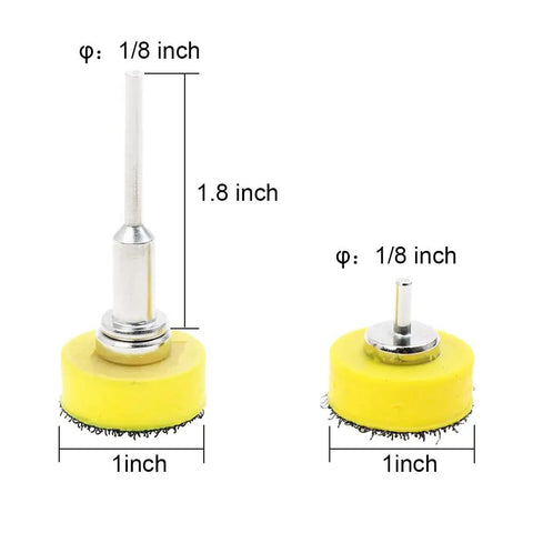 Side view of 2 mandrels and hook and loop shank pads from 110 Piece 1 Inch Sanding Discs Set With 2 Mandrels And Hook And Loop Shank Pads 40 To 600 Grit Polishing Kit For Rotary Tool Or Drill Use On Wood Metal And Plastic, showing dimensions.