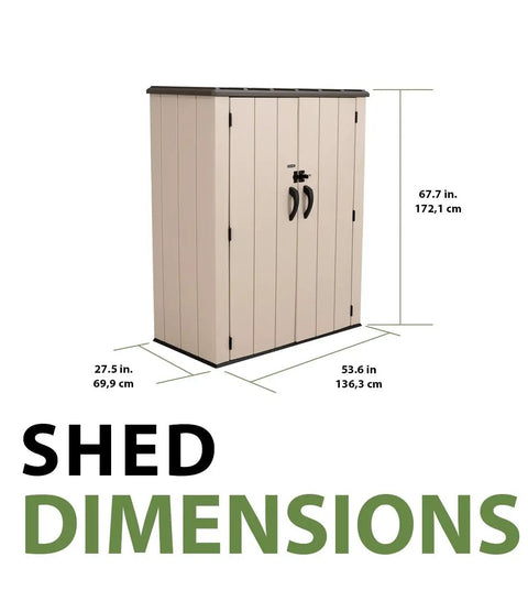 Dimensions of Vertical Storage Shed Desert Sand With Lockable Doors And Weather Resistant Resin Panels