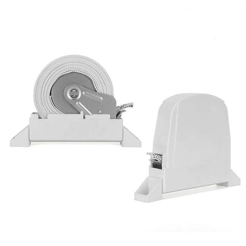 Heavy Duty Screw On Belt Winder For Roller Shutters With No Sweat Quick Install Setup showing white plastic design with cord.