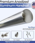 Killer 3 Feet Aluminum Handrail Kit For Indoor Stairs With Adjustable Steel Brackets And Rock Solid Connectors For No Sweat DIY Setup On Decks Or Ramps Featuring A Sleek Stainless Steel Look And High Grade Safety Grip: Close-up of premium anodized aluminum handrail with brackets and caps.
