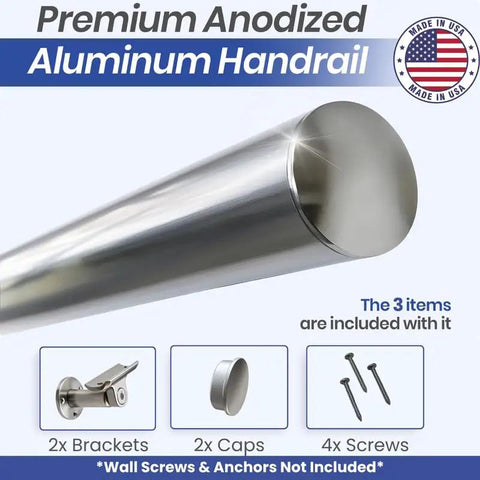 Killer 3 Feet Aluminum Handrail Kit For Indoor Stairs With Adjustable Steel Brackets And Rock Solid Connectors For No Sweat DIY Setup On Decks Or Ramps Featuring A Sleek Stainless Steel Look And High Grade Safety Grip: Close-up of premium anodized aluminum handrail with brackets and caps.
