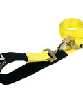 Beefy Heavy Duty Axle Tie Down Combo Straps With Snap Hook Ratchets, Classic Yellow, close-up of strap and snap hook