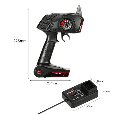 2.4G 3CH AFHS Radio Remote Control Transmitter with Receiver for RC Car and Boat, showing dimensions and built-in antenna