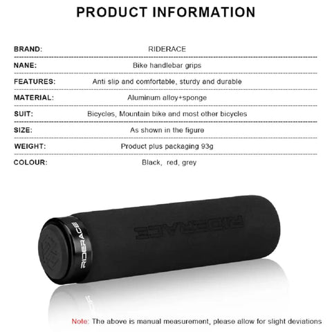 Lock On No Slip Bike Handlebar Grips With Sweat Wicking Foam For Mountain MTB BMX And Folding Bikes shown with specs in the background.