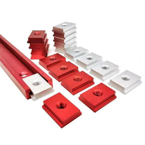 Premium Aluminum T Track Router Kit with M6 M8 slot nut jigs for woodworking, red silver sliders on white background