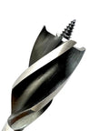 Close-up of Heavy Duty Five Piece Wood Drill Bit Set With Four Flute Auger Design For Faster Chip Ejection And Smooth Clean Holes On Tough Lumber No Sweat Projects Guaranteed Badass Performance.