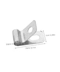 Single stainless steel wire clip with dimensions for 4mm welded wire, part of 100Pcs Stainless Steel Fence Wire Clips And Heavy Duty Clamps For Securing 4mm Welded Wire To Wood And Vinyl Fences Weather Resistant Quick Install Farm Fencing Must Haves.