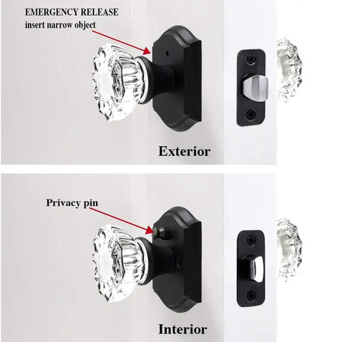 Matte Black Glass Door Knobs With Lock For Interior Doors, Privacy Crystal Knob Set For Bedroom And Bathroom, Vintage Style