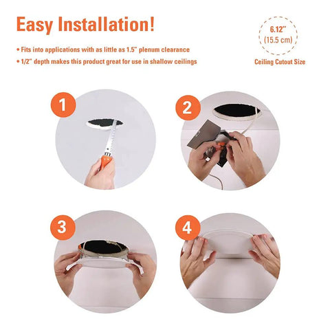 Image showing easy installation steps for 6 Inch Canless LED Recessed Downlight 12 Pack 3000K 900 Lumens Wet Rated Ultra Slim