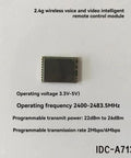 2.4GHz FHSS Wireless Transmitter Module A7130 for baby monitors, security systems, and cars on white background with specs