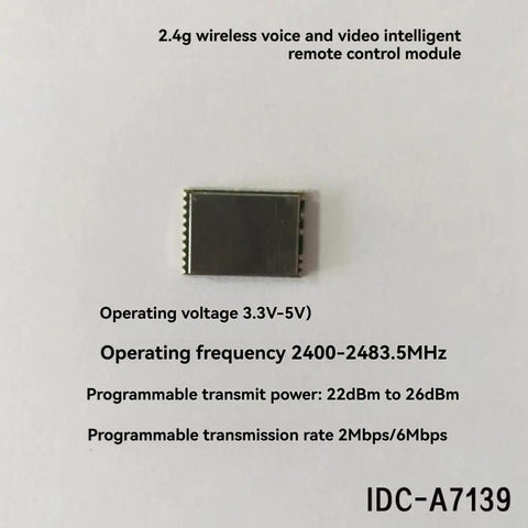 2.4GHz FHSS Wireless Transmitter Module A7130 for baby monitors, security systems, and cars on white background with specs