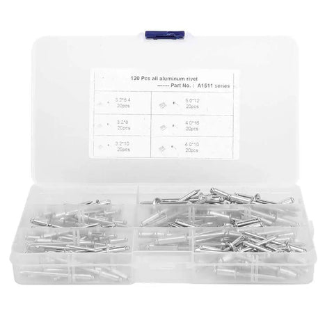 Open plastic case with Aluminum Blind Rivet Kit 120 Pieces, Anti Rust Marine Fasteners For Yachts And Boats, Industrial Equipment, Easy Install And Secure Seams, Durable Marine Grade Rivets For Repairs And New Builds., six sizes