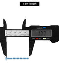 Digital caliper measuring 1.75 inch length of a zinc-plated steel truss head break away screw from 100 pack for cabinets.