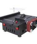 Aynuma Mini Table Saw And Belt Sander Combo 2 In 1 Electric Portable Bench Cutting Machine with detailed speed and angle adjustments.
