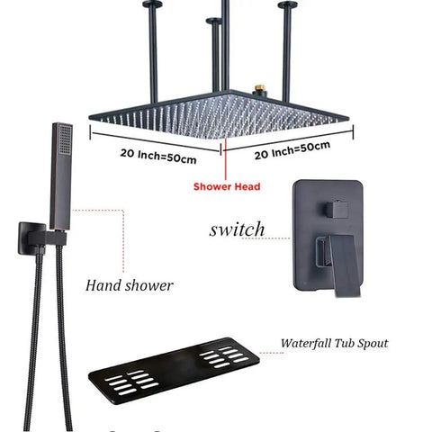 20 Inch Ceiling Mounted Rain Shower System Heavy Duty Pressure Balanced Mixer Valve and Handheld Sprayer with Waterfall Tub Spout.