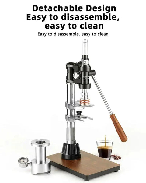 Manual Leverage Espresso Coffee Maker With 16 Bar Hand Pressure Pump Built From Tough 304 Stainless Steel for easy cleanup.