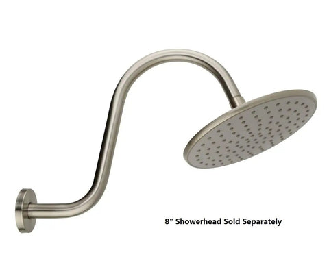 Goose Neck Shower Arm Extension in Stainless Steel with Brushed Nickel Finish, 6 Inch Rise, 11.5 Inch Wall Reach shown with 8 inch showerhead