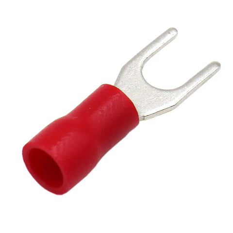 Red Insulated Fork Spade Terminal Connector with secure crimp and PVC sleeve, for 22 to 16 AWG wires, 0.5 to 1.5 mm2, 4.3 mm hole.