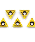 Five TCMT090204 carbide turning inserts, tin-coated for CNC lathe, heavy duty, designed for steel, cast iron, non-ferrous turning.