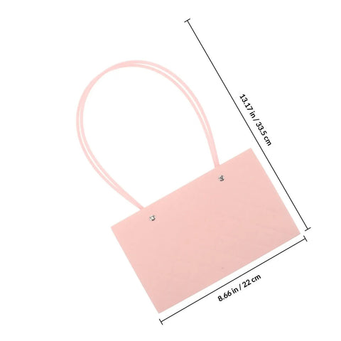 Pink Flower Bouquet Bags With Handle 10 Pack Pro Grade Kraft Paper Floral Packaging Bags showing dimensions, large capacity, and pink color.
