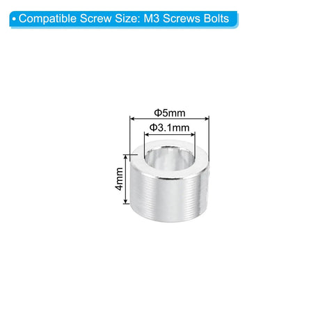 Image of a silver aluminum spacer with dimensions 3.1mm ID x 5mm OD x 4mm L, compatible with M3 screws, for RC and electronics use.