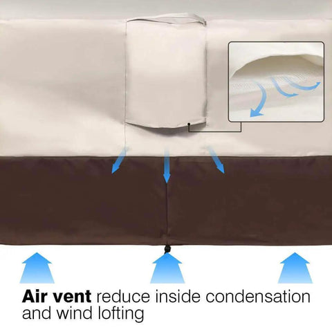 Heavy Duty Waterproof Rectangular Outdoor Patio Coffee Table Cover With Padded Handles And Durable Hem Cord Fits Large Rectangular Tables 600D Oxford Fabric UV Stabilized Beige And Brown showing air vent feature