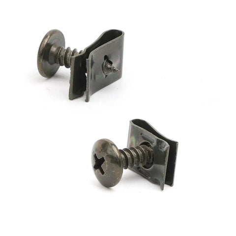 Hardcore Rock Solid Auto Tape Clips And Self Tapping Screws Kit With Slick Zinc Plated Bolts For Bumper Fender Dash Trim And Side Skirt Fastening Jobs multi-angle view of zinc coated screws and clips.