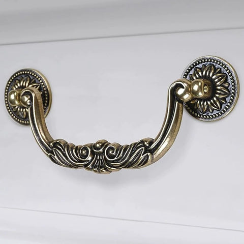 Set Of 6 Antique Bronze Drop Bail Cabinet Pulls With Carved Texture For Drawer Dresser And Closet Furniture, 5 Inch Hole Centers